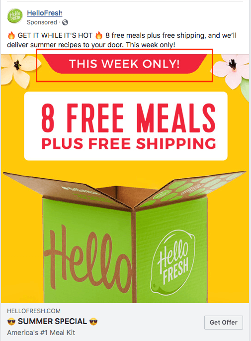 一个直接回应营销的例子，一个Hello Fresh的广告提供8顿免费餐点