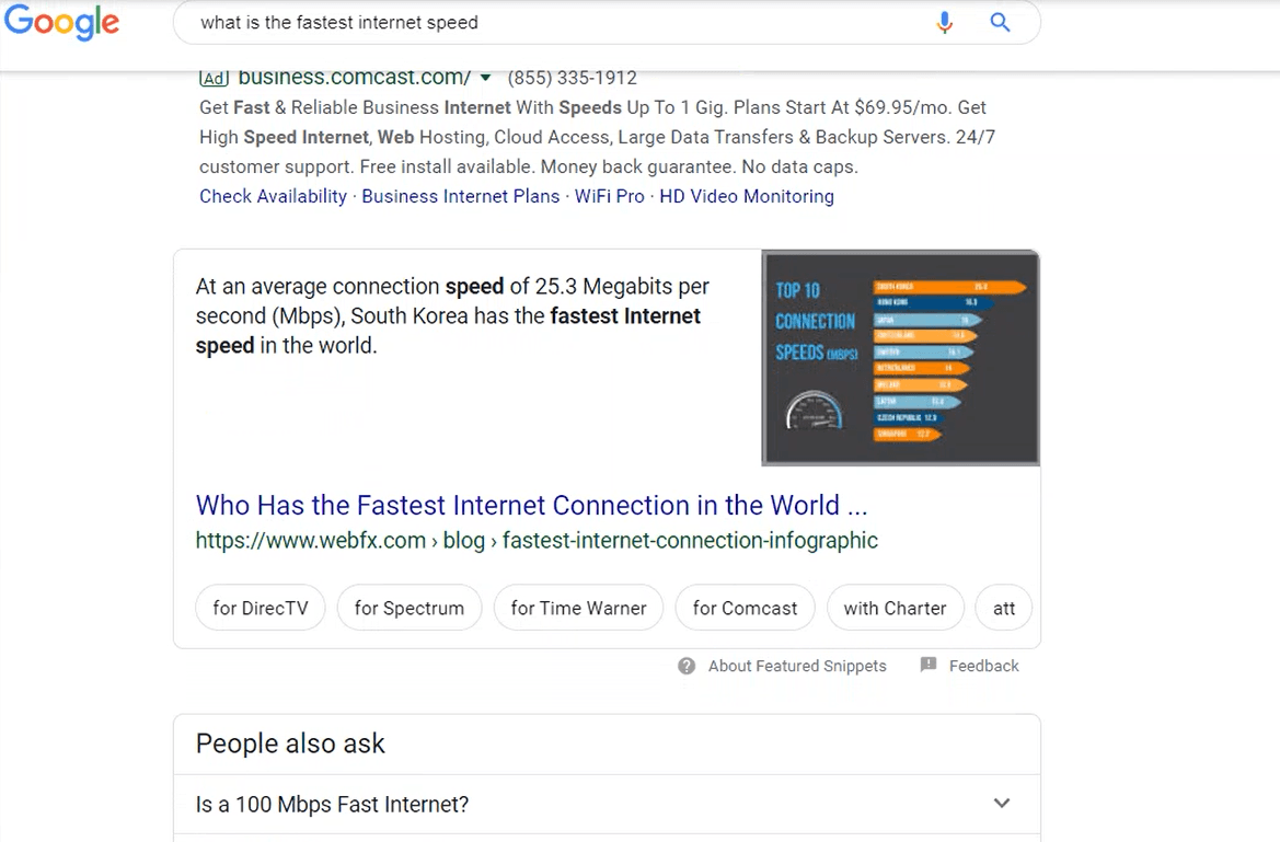 谷歌搜索结果，带有一个回答问题的特色片段，“最快的网速是多少?”