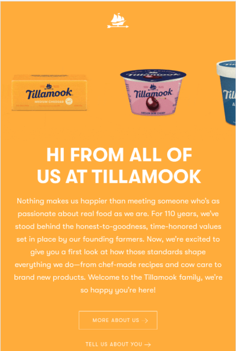 欢迎邮件介绍他们的产品Tilamook
