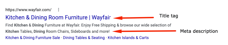 显示标题标签和元描述的Wayfair列表