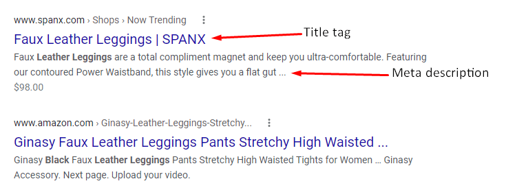 标题标签和元描述legging清单在搜索结果