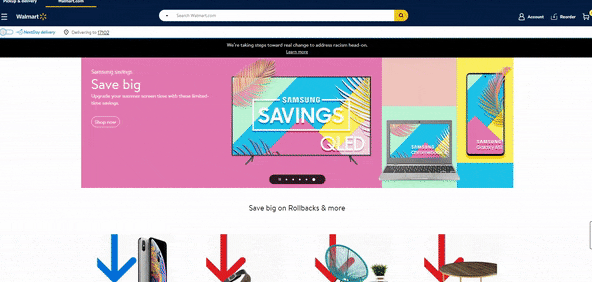 Walmart, Target, and Amazon homepages