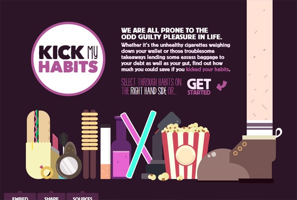 一个色彩大胆的网站:Kick My Habits