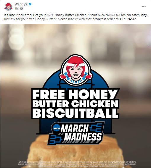 温蒂餐厅的社交媒体帖子，关于免费赠送黄油鸡饼干
