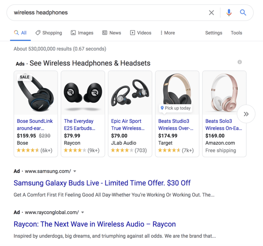 谷歌搜索上的无线耳机广告