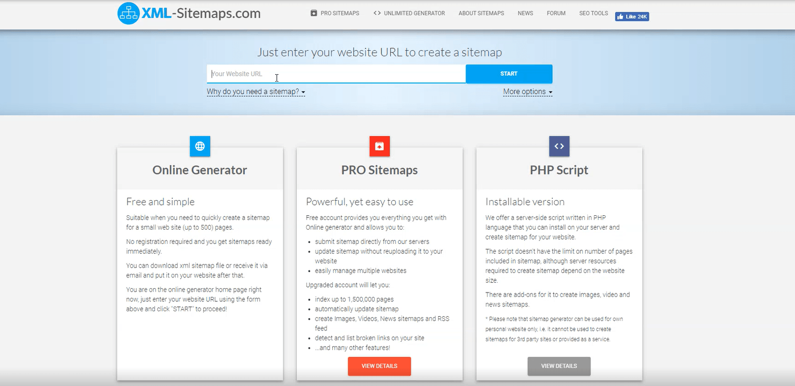 网站XML-Sitemaps提供免费和付费计划选项