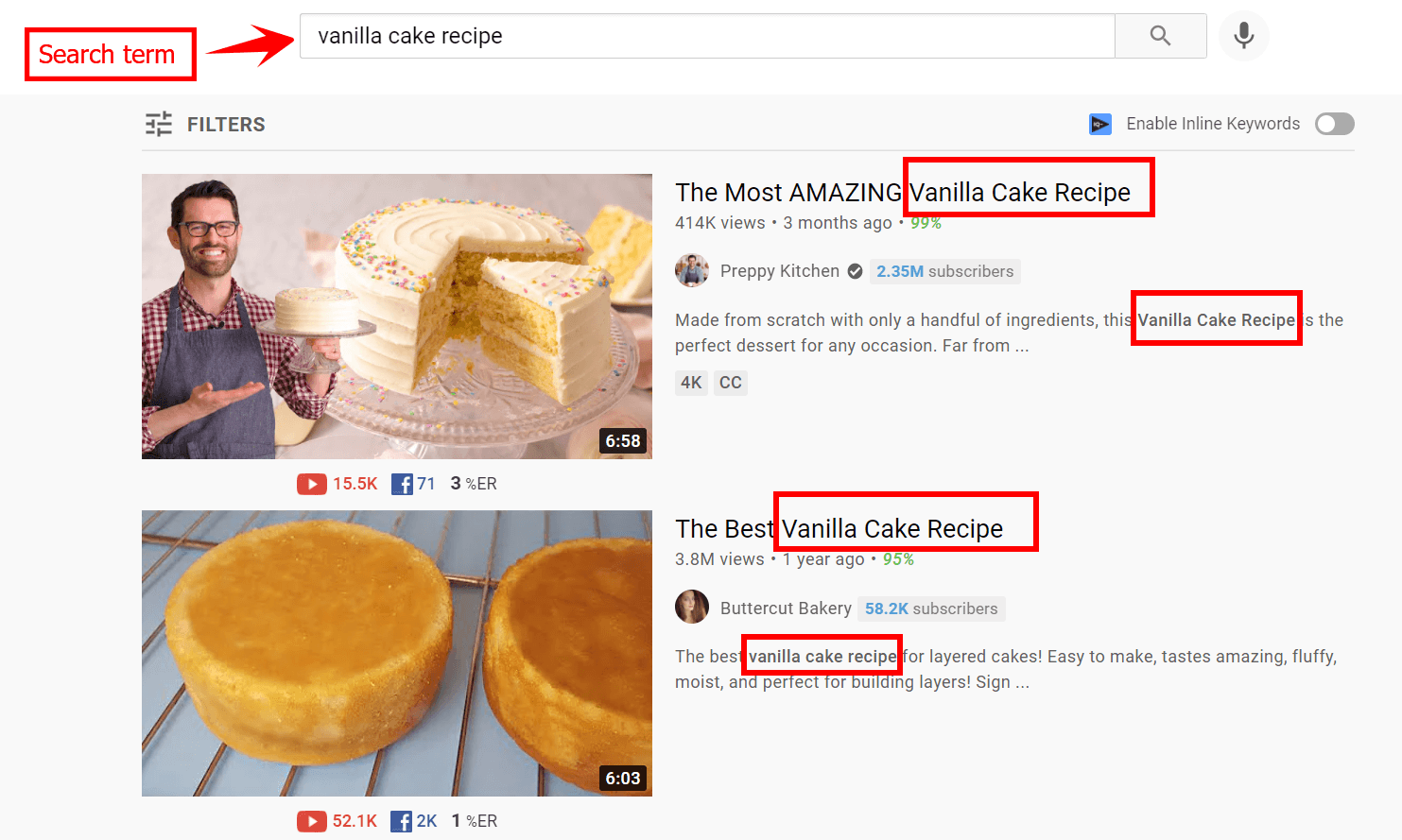 以“香草蛋糕配方”为关键词的YouTube搜索结果