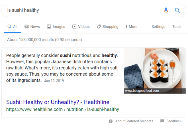 example of featured snippet for sushi