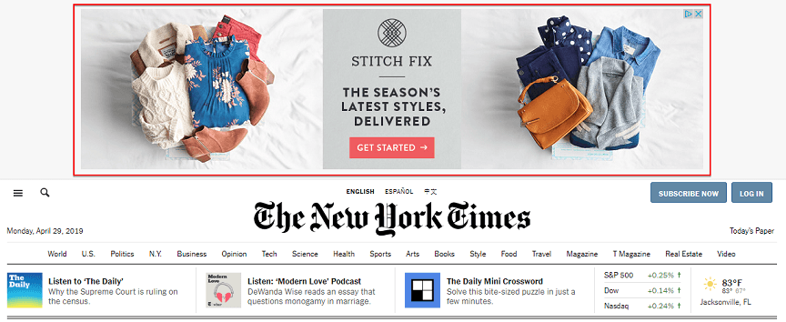 display ad on New York Times Website