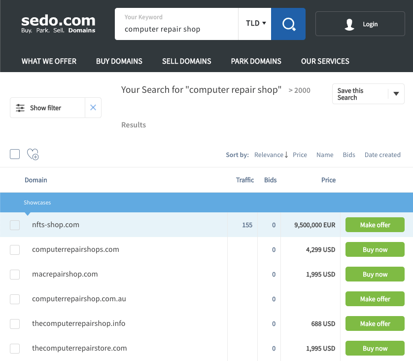 Sedo网站上列出的域名价值