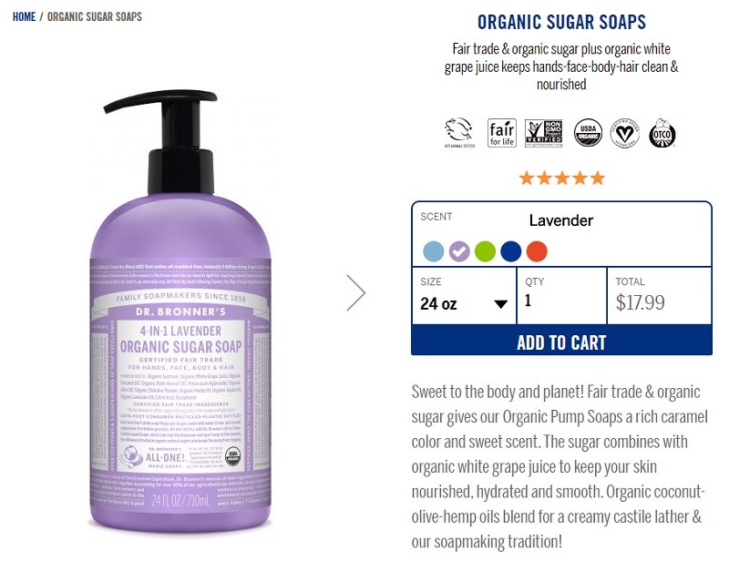 Dr Bronner's sugar soap product description