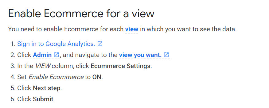 enable ecommerce for a view
