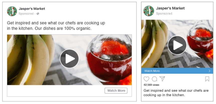 A sample Facebook video ad by Jasper's Market for two different placements