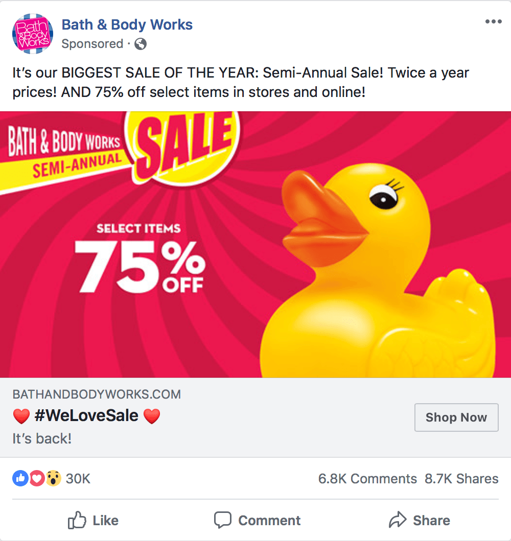 A sample of a Facebook ad by Bath & Body Works