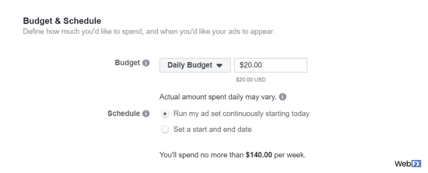 Facebook广告中预算选项的截图