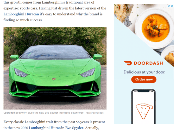 A sample of a Google display ad by Doordash on a page about Lamborhini