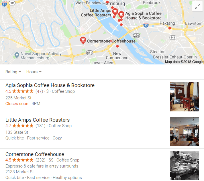 谷歌映射三个搜索结果咖啡店