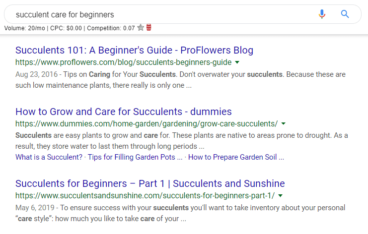 google search results page example using flower