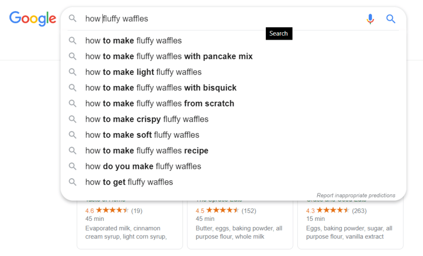 Fluffy waffles关键字搜索结果在谷歌