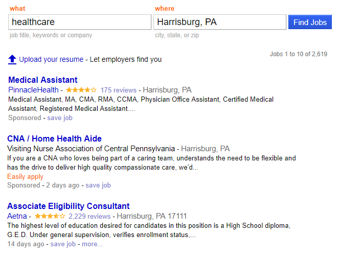 医疗保健工作哈里斯堡，宾夕法尼亚州确实搜索结果