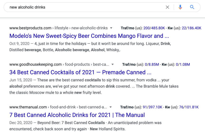 谷歌搜索酒精饮料的结果