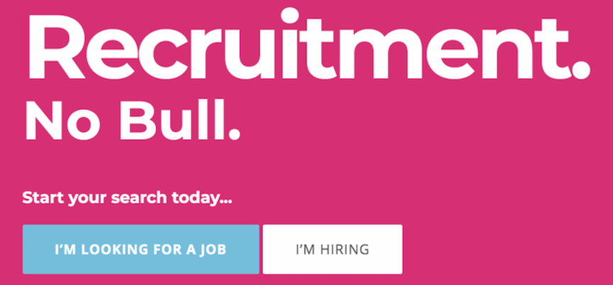 求职CTA;粉红色的背景;文字叠加:招聘。没有牛。
