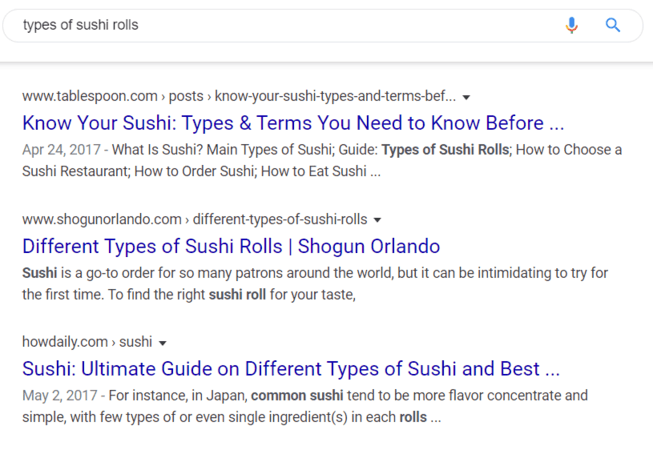 Search Result Rankings for types of sushi rolls