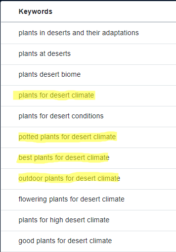 list of keywords for desert plants
