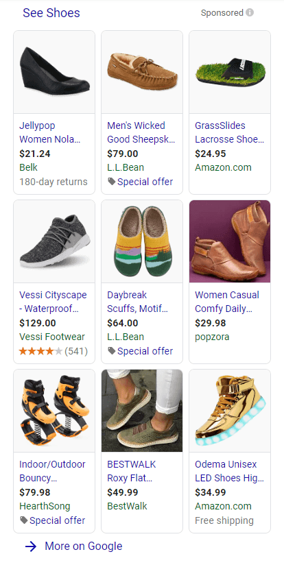 Google Shopping ads for shoes