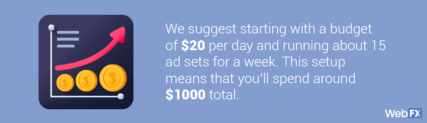 我们建议从每天20美元的预算开始，一周运行大约15个广告集。