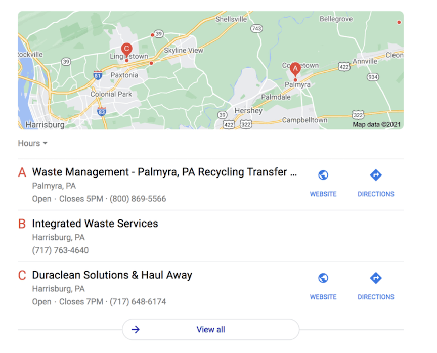 谷歌我的商业废物管理本地搜索结果