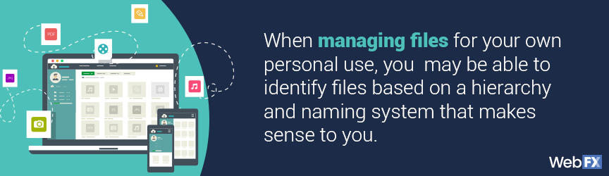 在为自己的个人用途管理文件时，您可能能够基于对您有意义的层次结构和命名系统来识别文件