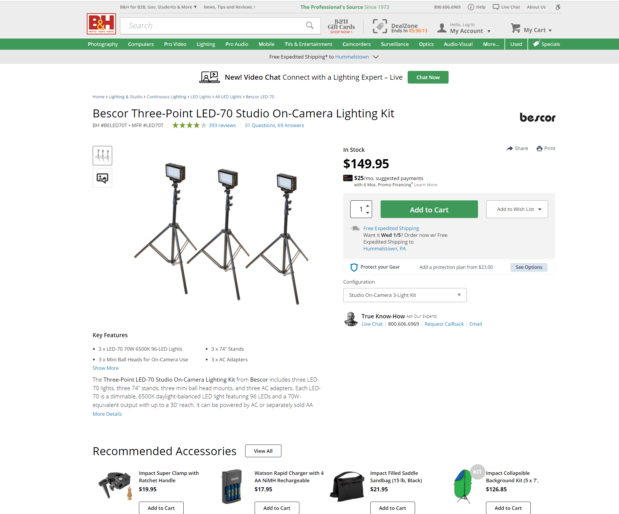 一个三点照明套件在B&H的网站上出售