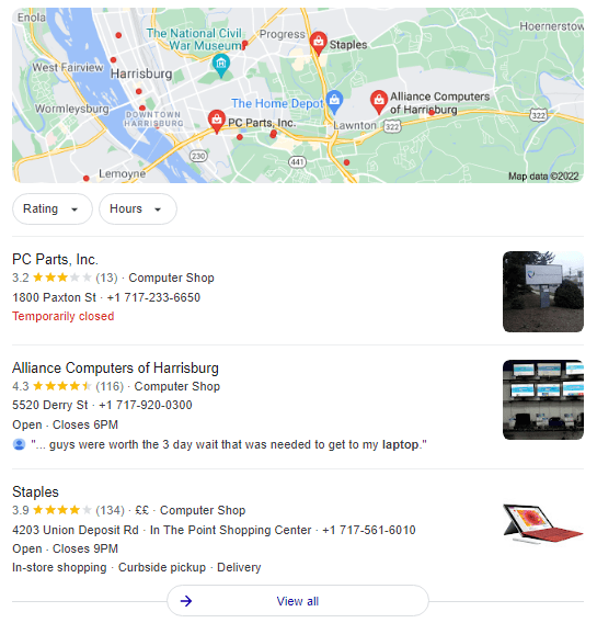 谷歌上的计算机商店位置列表