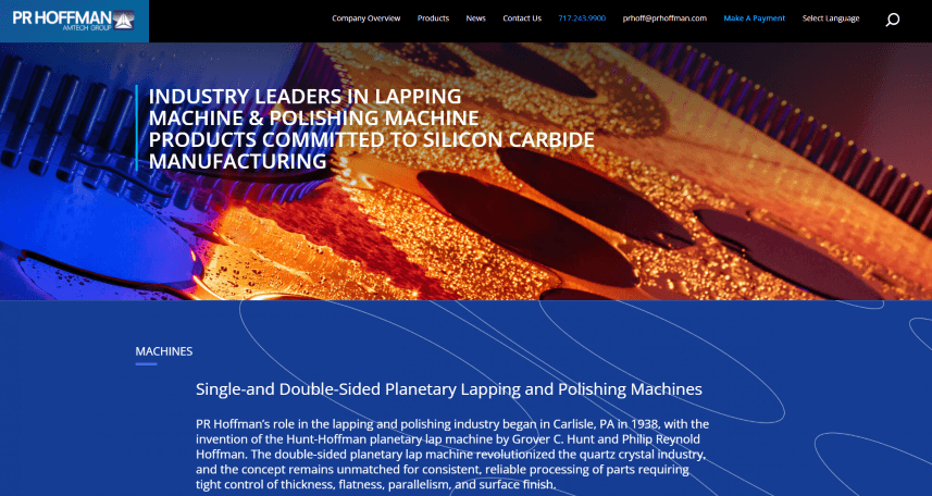 homepage of PR Hoffman manufacturing website