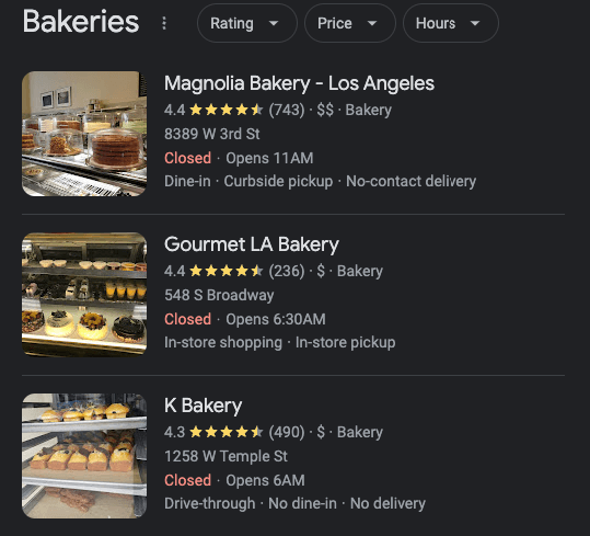 谷歌商业简介上的面包房本地列表