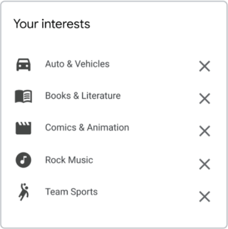 谷歌的兴趣选项列表