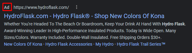Hydro Flask在谷歌上的PPC广告