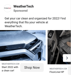 来自WeatherTech的社交媒体广告，宣传他们的产品