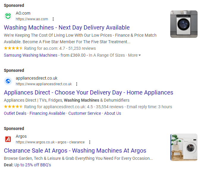Paid search results for washing machine
