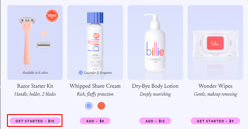 比莉网站上的粉色行动号召按钮，邀请人们购买产品