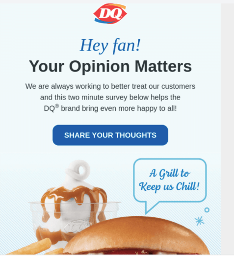 来自Dairy Queen的电子邮件调查，询问关于他们业务的意见