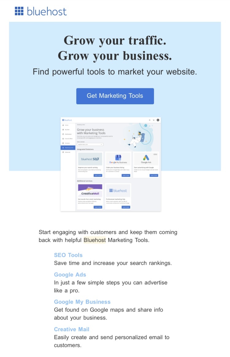 Bluehost关于营销工具的邮件