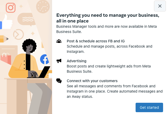 关于Facebook Business Suite的弹出通知