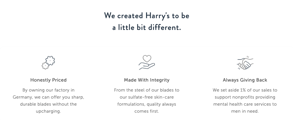 哈里网站上详细介绍他们独特卖点的内容