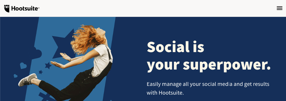 Hootsuite的主页以蓝色和白色为特色