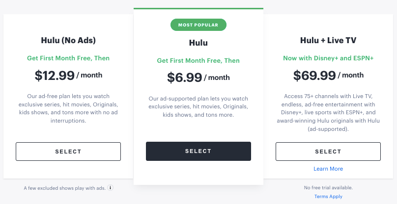 Hulu账户注册选项