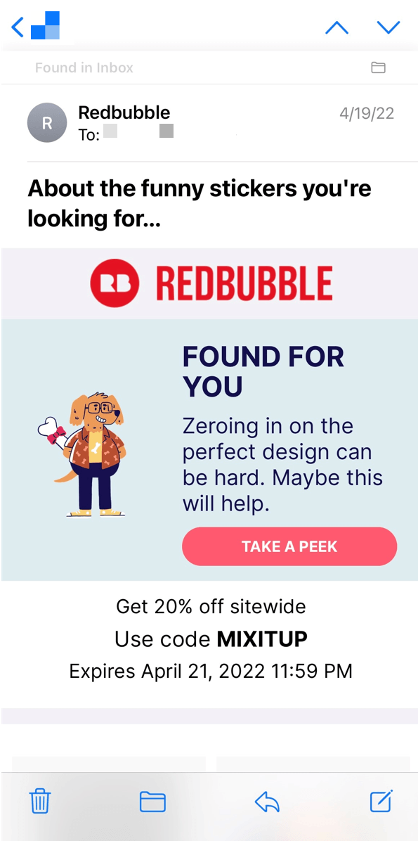 来自Redbubble的个性化邮件