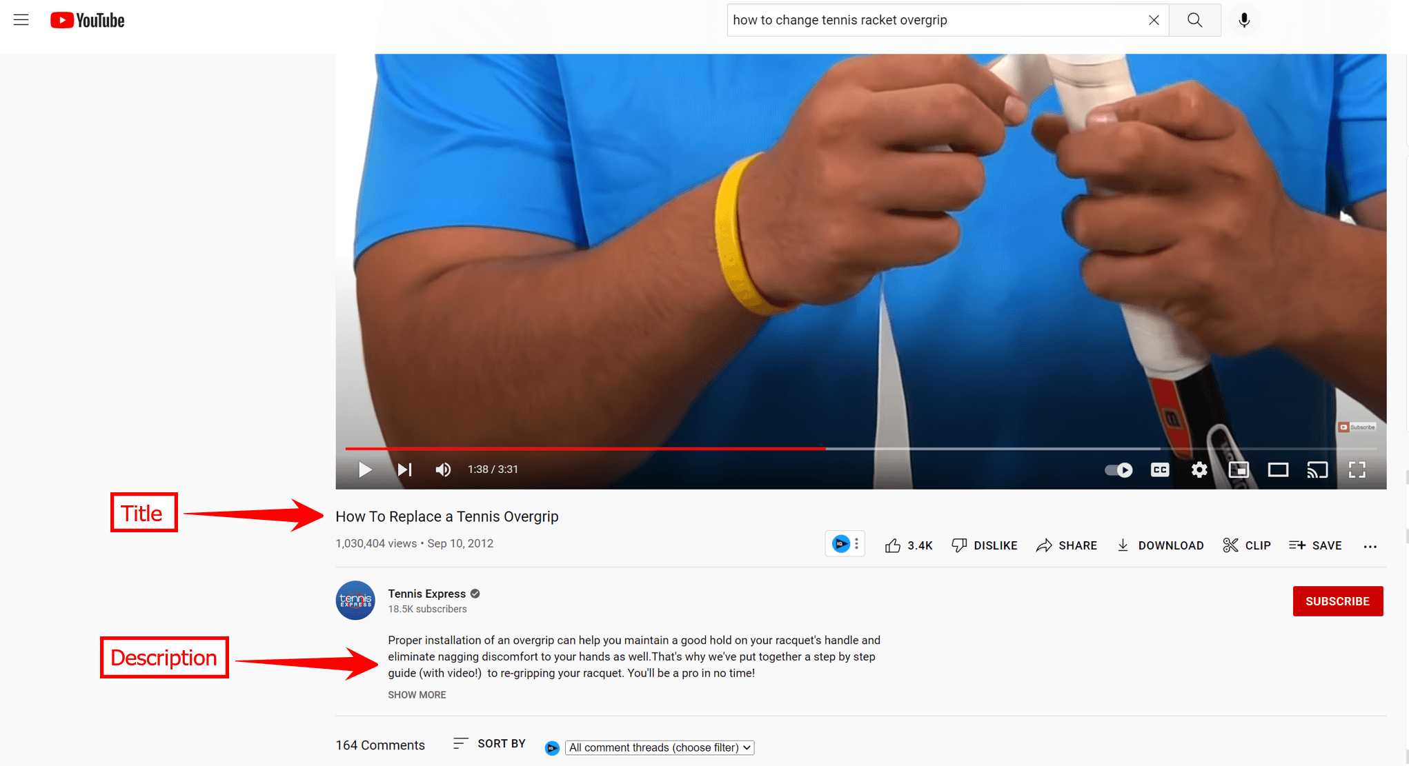 YouTube上一个关于过度握拍网球拍的视频的标题和描述