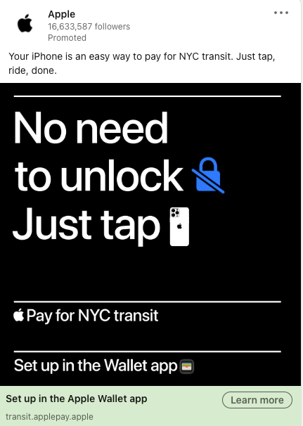 苹果在领英上的纽约交通支付广告